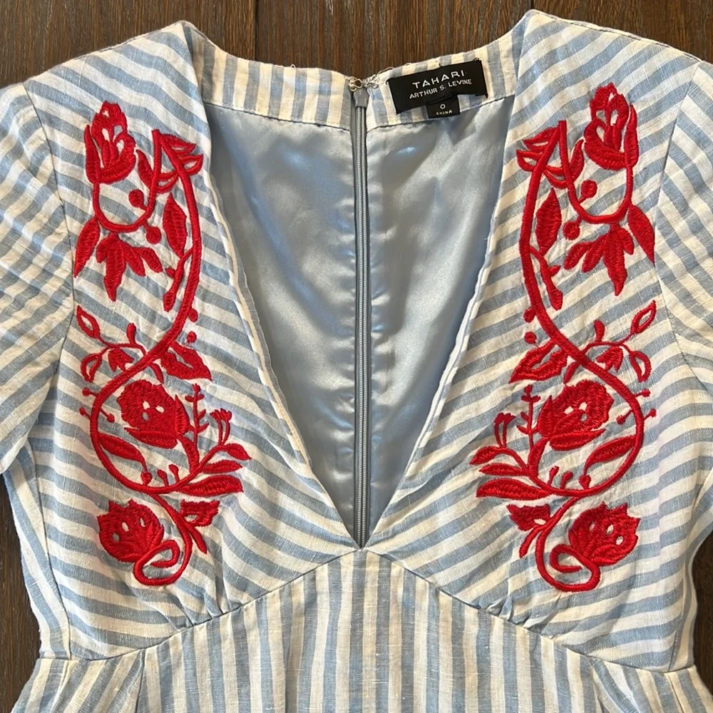 Tahari ASL Shia Sunshine State Linen Stripe Costal Floral Embroidered Dress - Picture 2 of 3